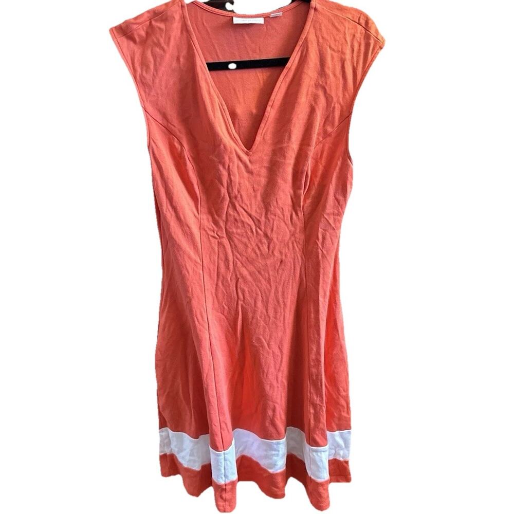 New York & Co Womens Midi Dress Pink Coral White 100% Cotton V Neck Cap Sleeve S